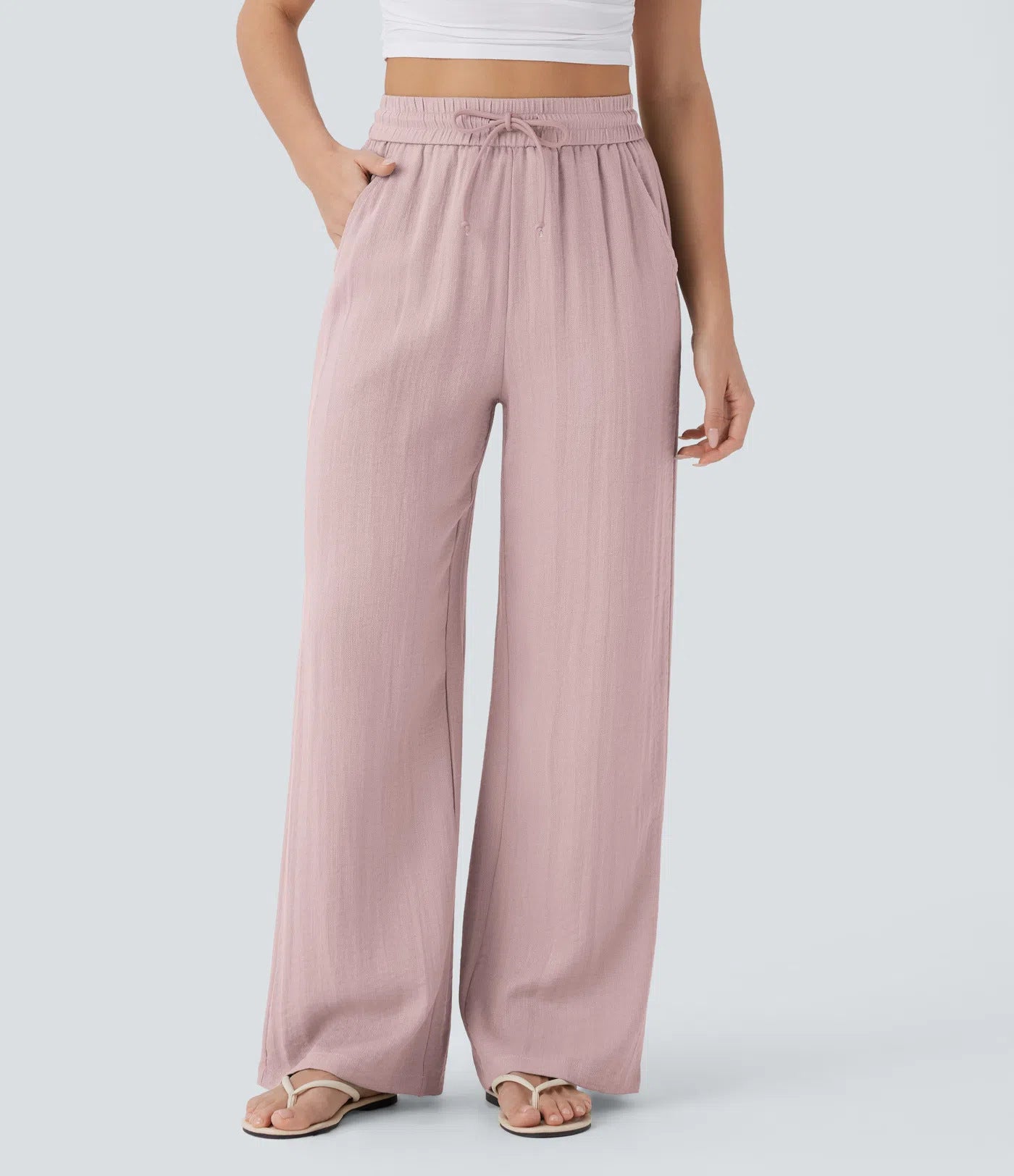 High-waisted drawstring side pocket wide-leg casual linen pants