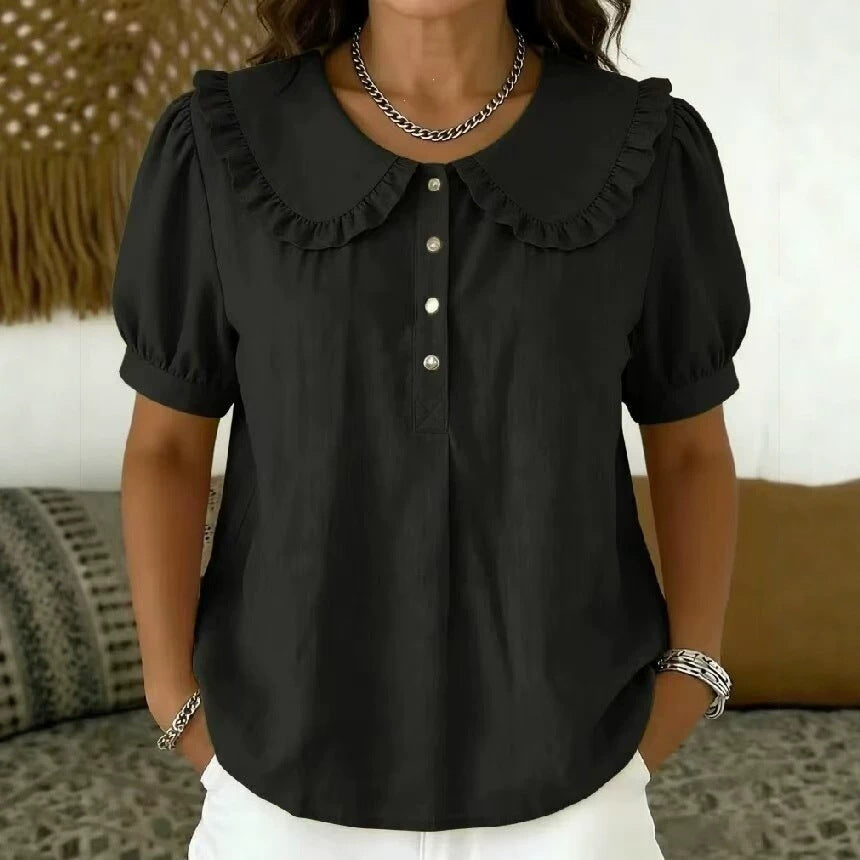 🔥 Ruffled Peter Pan Collar Puff Short Sleeve Half Placket Blouse
