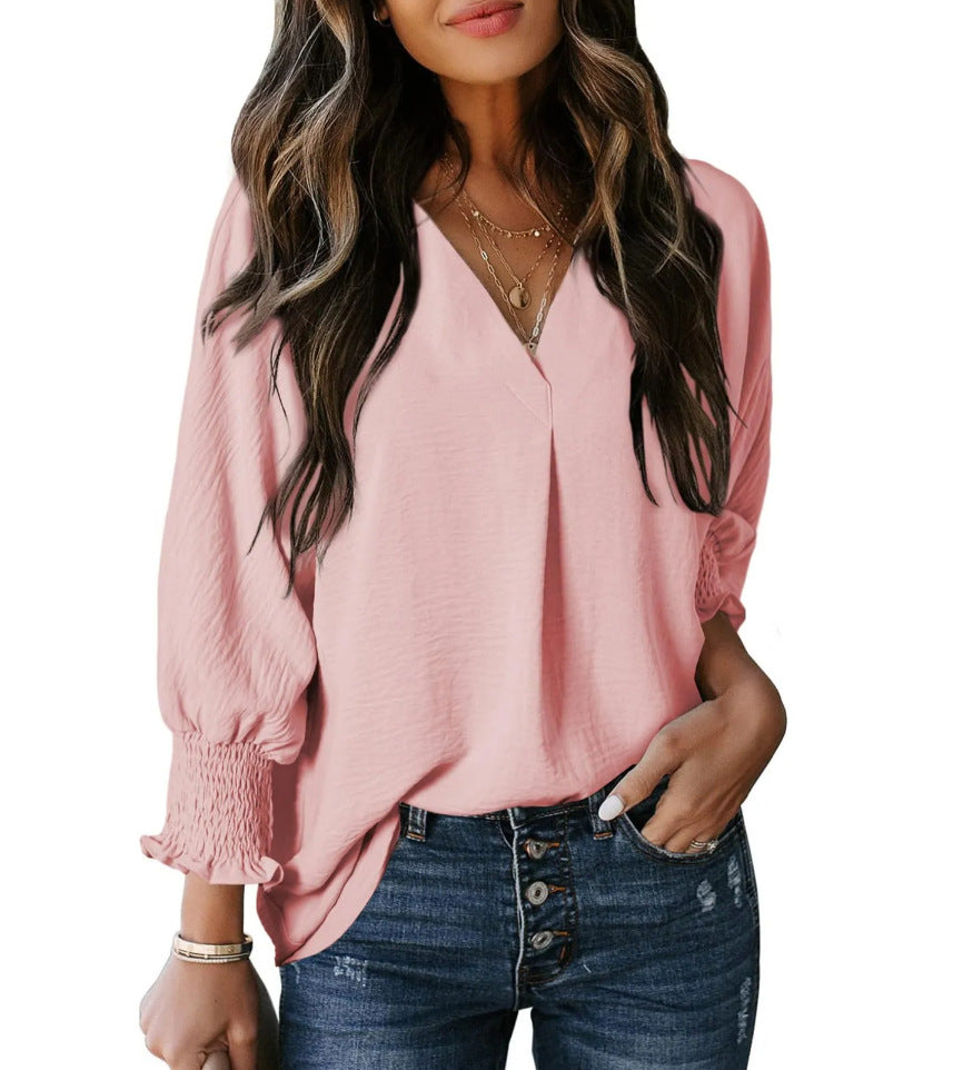 V-neck casual long-sleeved loose shirt