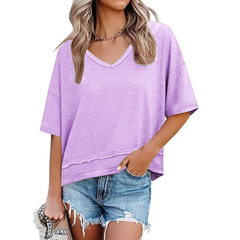 Solid color patchwork V-neck T-shirt