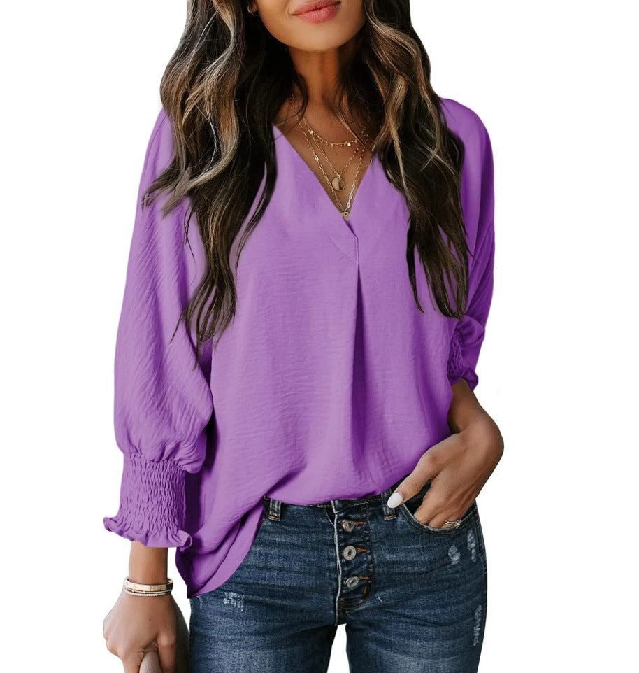 V-neck casual long-sleeved loose shirt