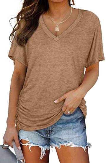 Women’s V-Neck Side Twist Ruched Short Sleeve Curved Hem Casual T-Shirt