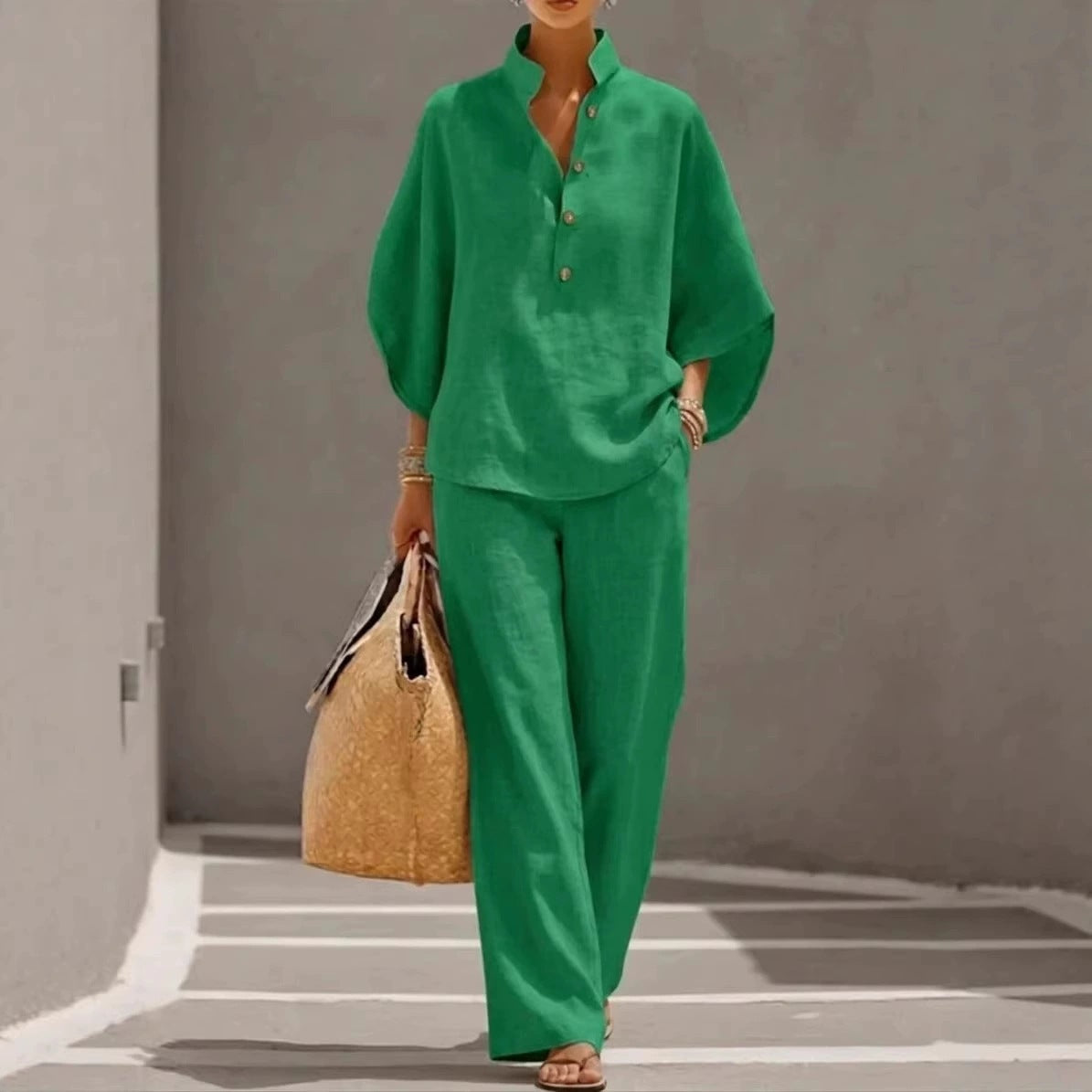 Women's  V-Neck 2-Piece Set - Batwing Sleeve Top & Wide Leg Pants