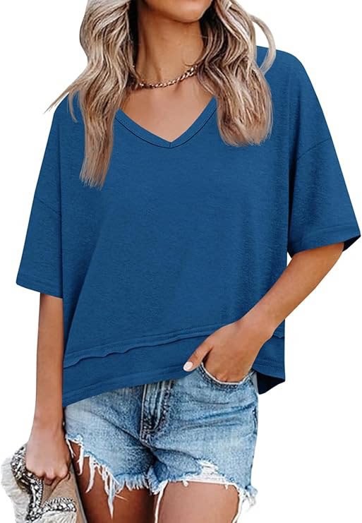 Solid color patchwork V-neck T-shirt