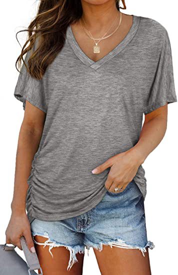 Women’s V-Neck Side Twist Ruched Short Sleeve Curved Hem Casual T-Shirt