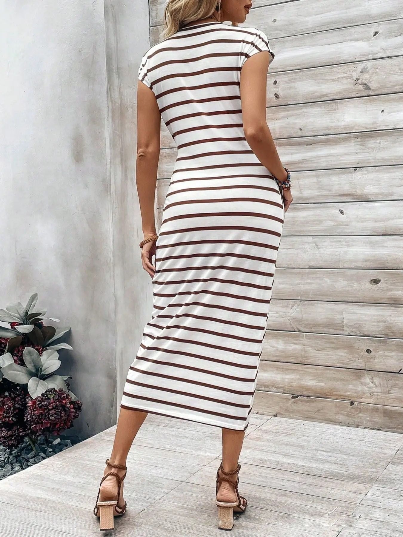 Women’s Cap Sleeve Side Twist Ruched Striped Bodycon Midi Dress
