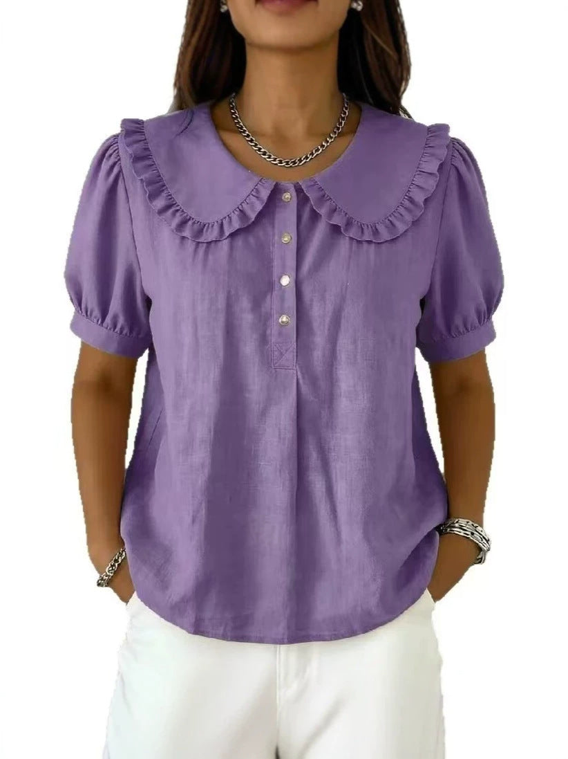 🔥 Ruffled Peter Pan Collar Puff Short Sleeve Half Placket Blouse
