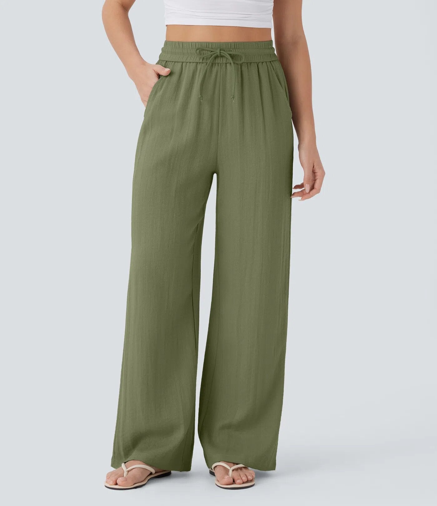 High-waisted drawstring side pocket wide-leg casual linen pants