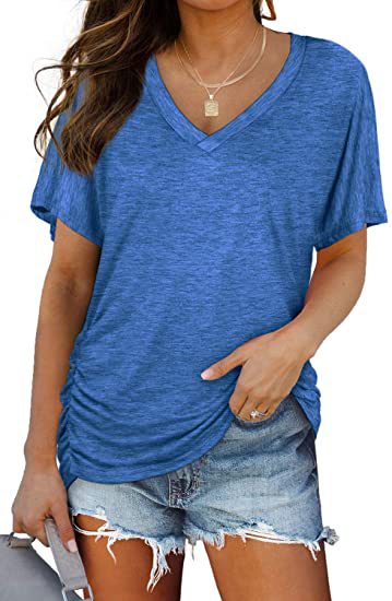 Women’s V-Neck Side Twist Ruched Short Sleeve Curved Hem Casual T-Shirt