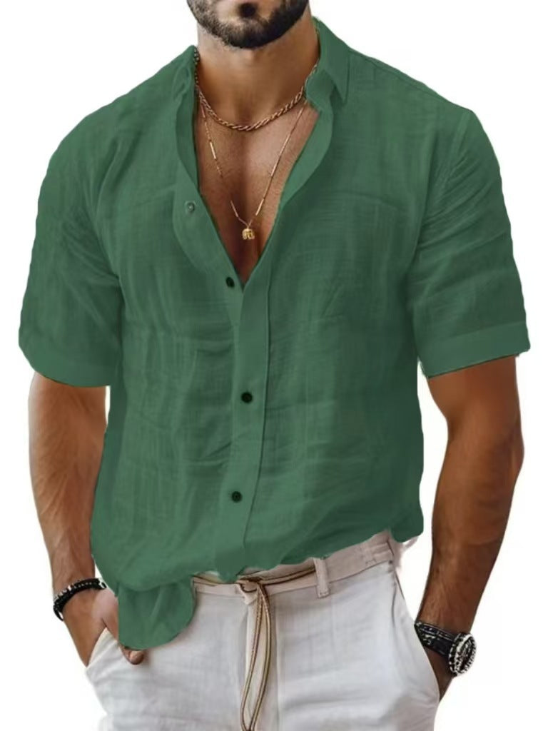 Men's casual cotton and linen shirt with turn-down collar