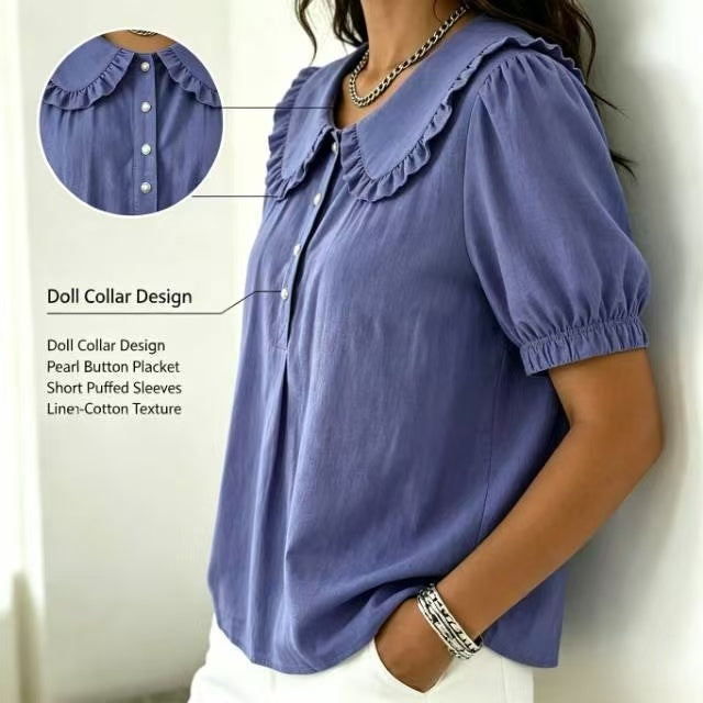 🔥 Ruffled Peter Pan Collar Puff Short Sleeve Half Placket Blouse