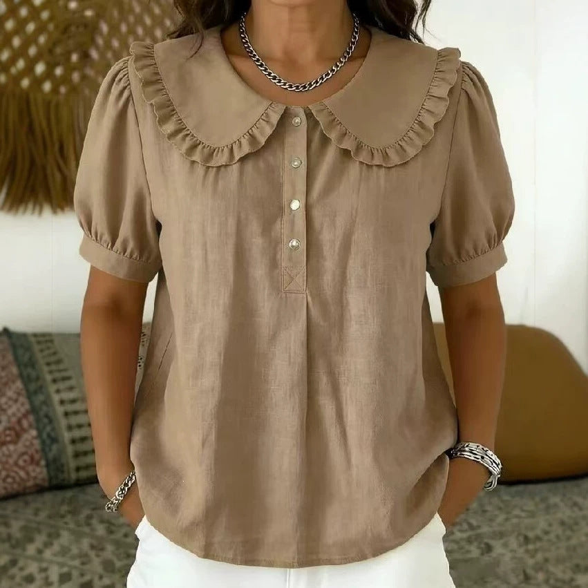 🔥 Ruffled Peter Pan Collar Puff Short Sleeve Half Placket Blouse