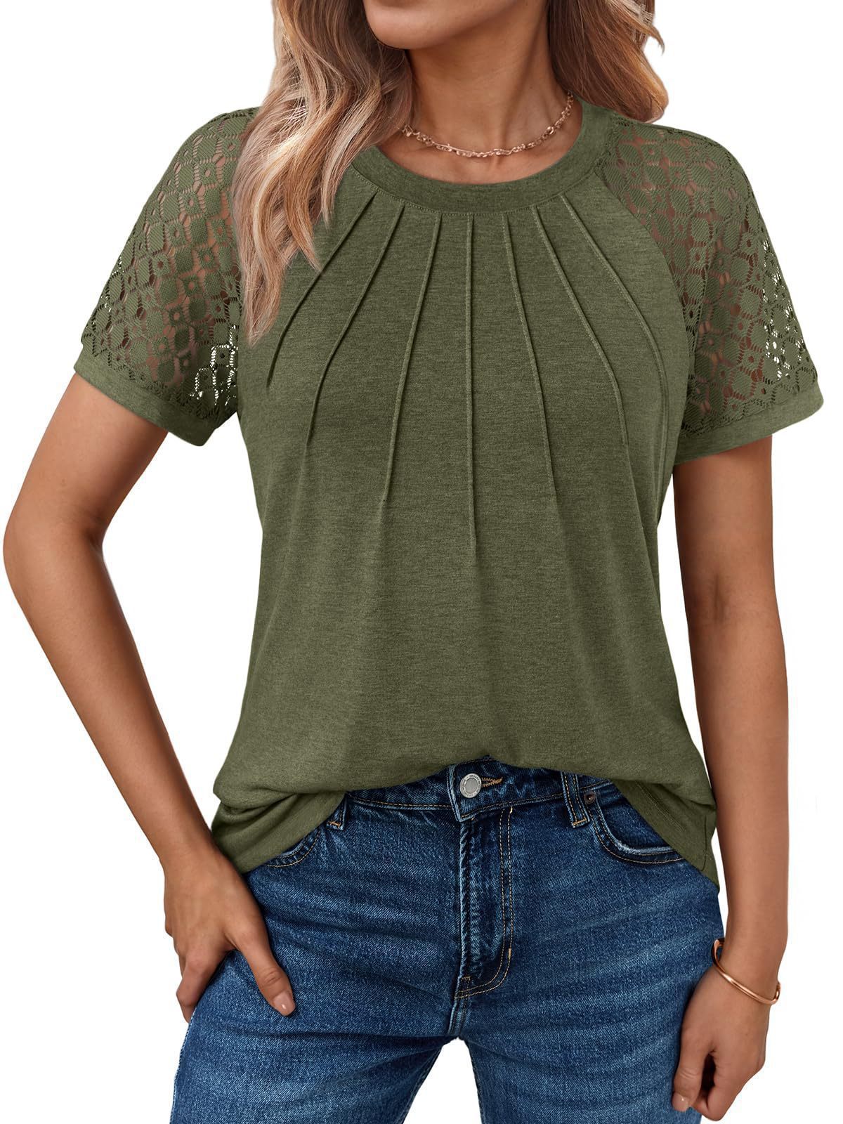 Short-sleeved round neck lace cutout top
