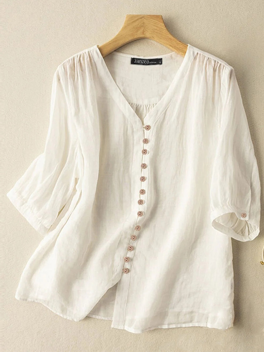 LilyWish Women Solid V-Neck Button Front Cotton 3/4 Sleeve Shirt