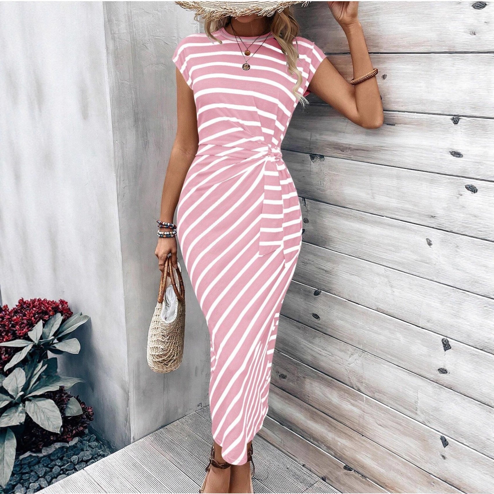 Women’s Cap Sleeve Side Twist Ruched Striped Bodycon Midi Dress
