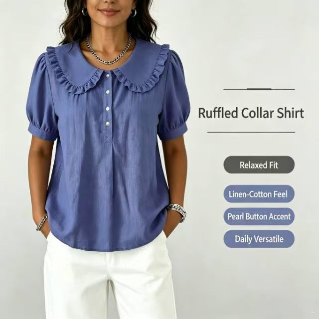 🔥 Ruffled Peter Pan Collar Puff Short Sleeve Half Placket Blouse