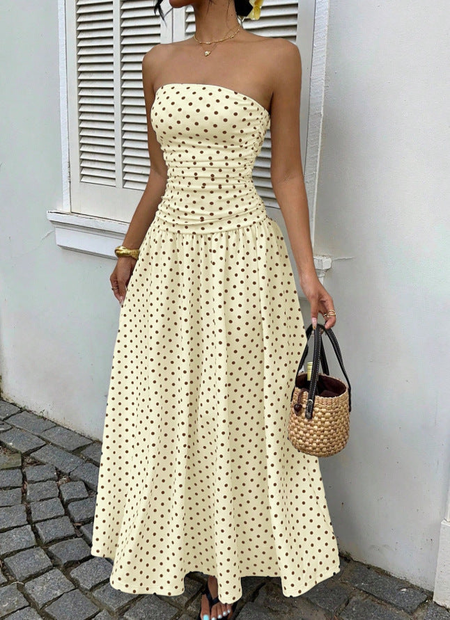 Polka dot strapless high-neck sleeveless long dress