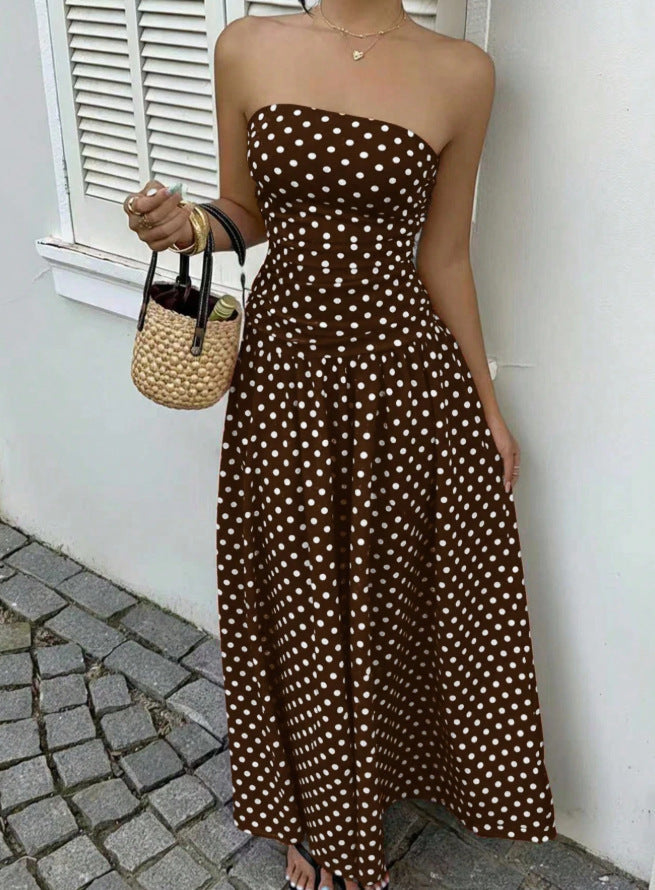 Polka dot strapless high-neck sleeveless long dress