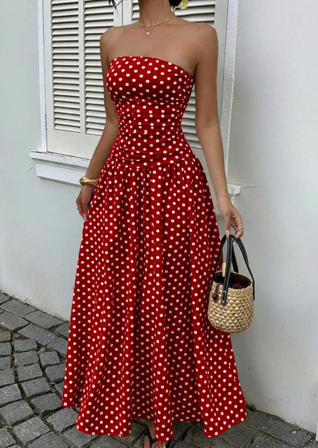 Polka dot strapless high-neck sleeveless long dress