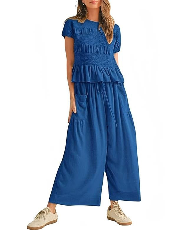 New short-sleeved high-waisted wide-leg pants two-piece set