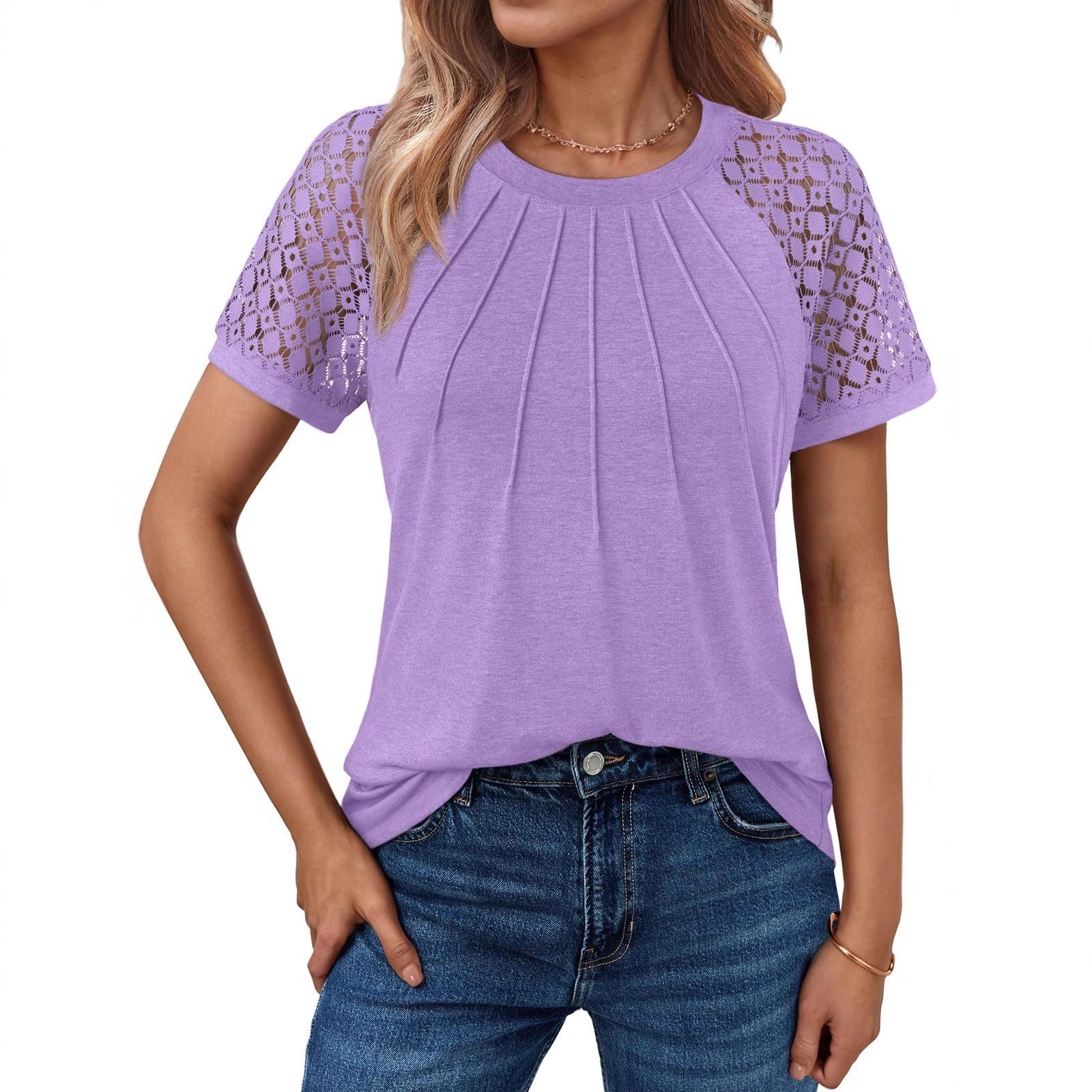 Short-sleeved round neck lace cutout top