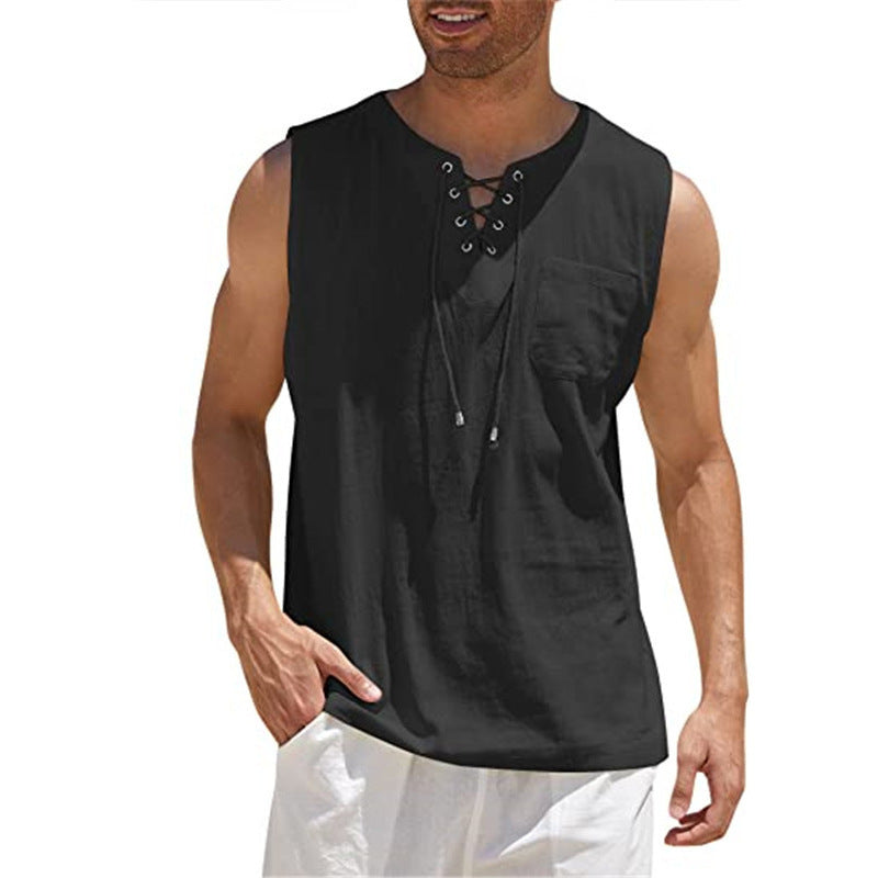 Lace-up Fashion Solid Color Cotton Linen Short-Sleeve T-Shirt
