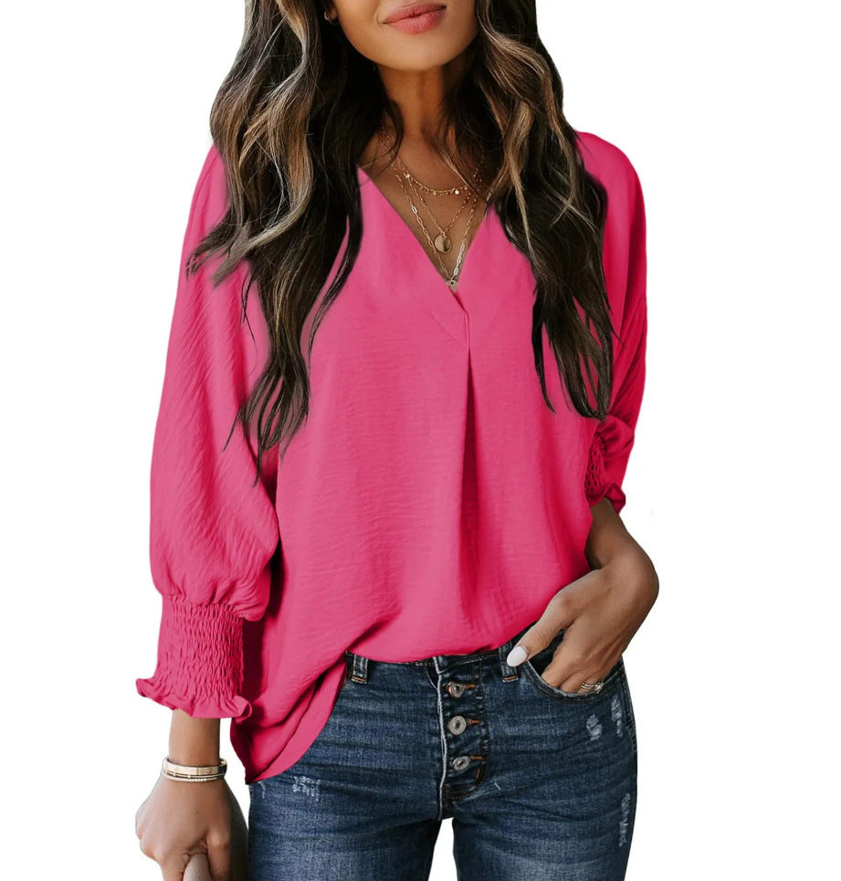 V-neck casual long-sleeved loose shirt