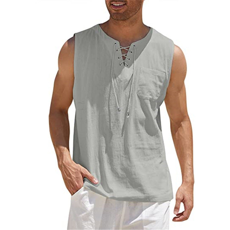 Lace-up Fashion Solid Color Cotton Linen Short-Sleeve T-Shirt