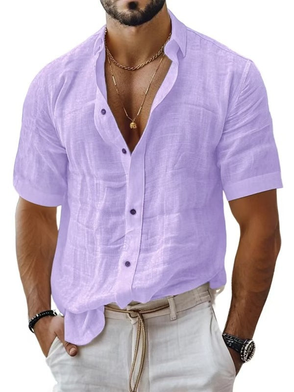 Men's casual cotton and linen shirt with turn-down collar