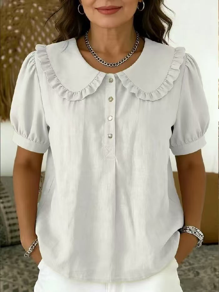🔥 Ruffled Peter Pan Collar Puff Short Sleeve Half Placket Blouse