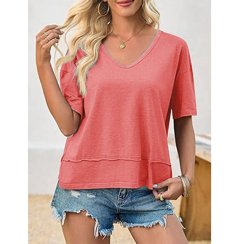 Solid color patchwork V-neck T-shirt