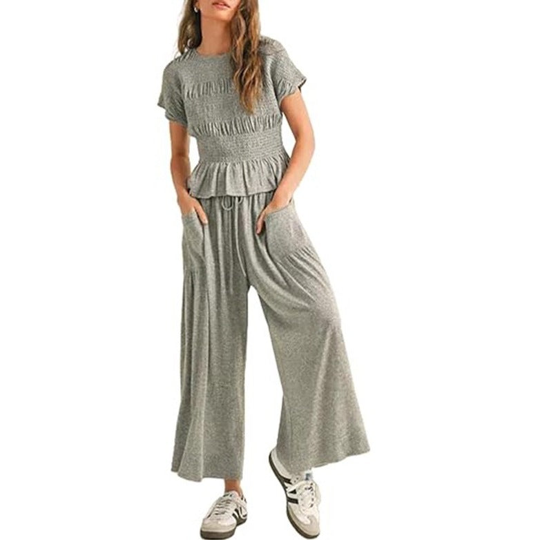 New short-sleeved high-waisted wide-leg pants two-piece set