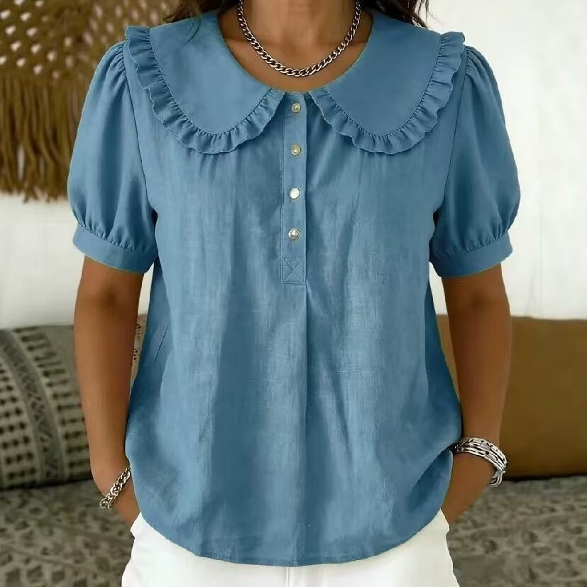 🔥 Ruffled Peter Pan Collar Puff Short Sleeve Half Placket Blouse